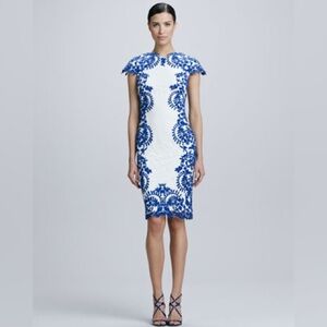 Tadashi Shoji White Midi Dress with Blue Detailing